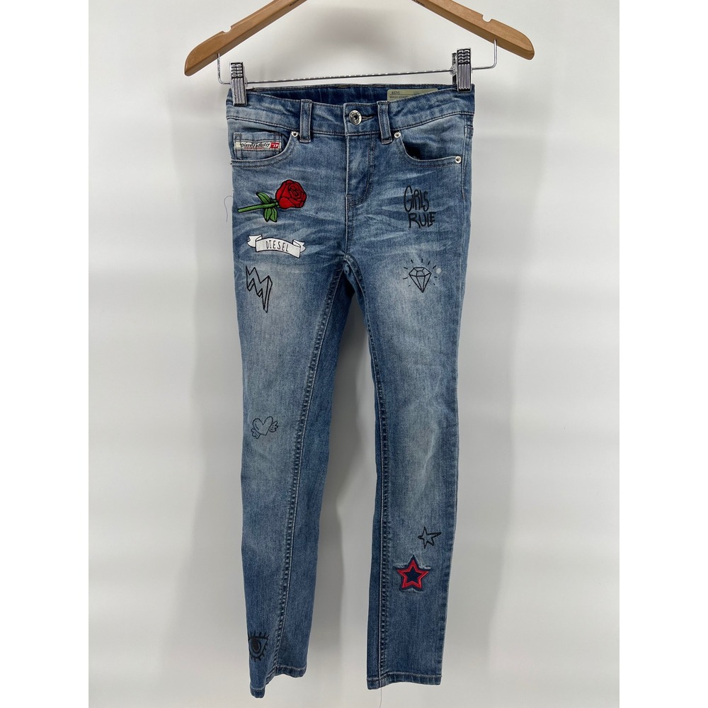 Diesel Kid Girls Super Slim Skinny Jeans Blue Embellished/Embroidered Size 8 - Picture 3 of 12